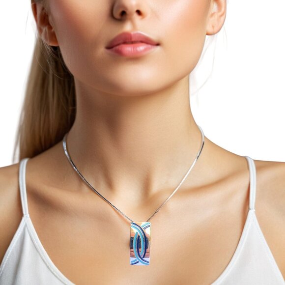 Silver-Tone Abstract Pendant With Blue Enamel Design - Picture 3 of 10